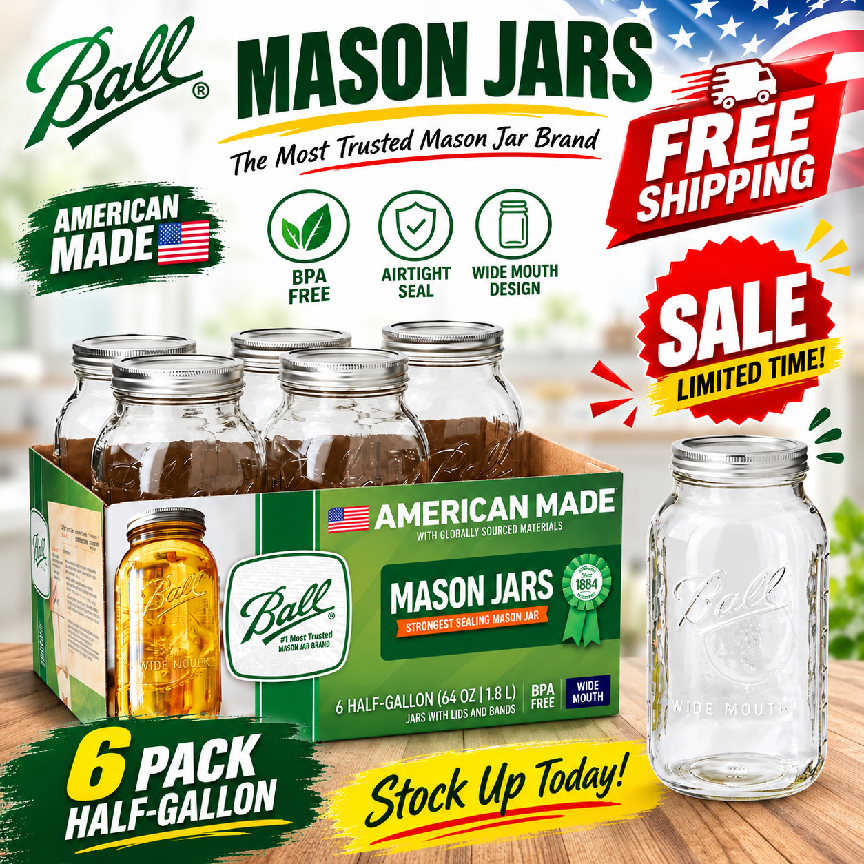 Ball Glass Mason Jar W/Lid & Band, Wide Mouth, 64 Ounces, 6 Count