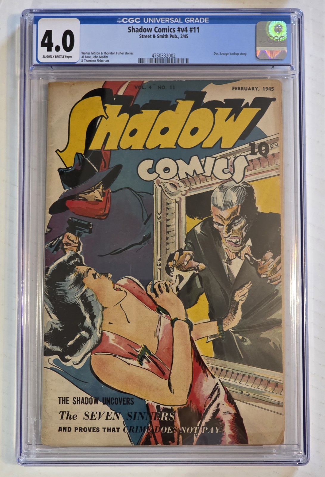 Shadow Comics V.4 #11 CGC 4.0 VG 1945 Scarce Pre-Code Golden Age WWII Era