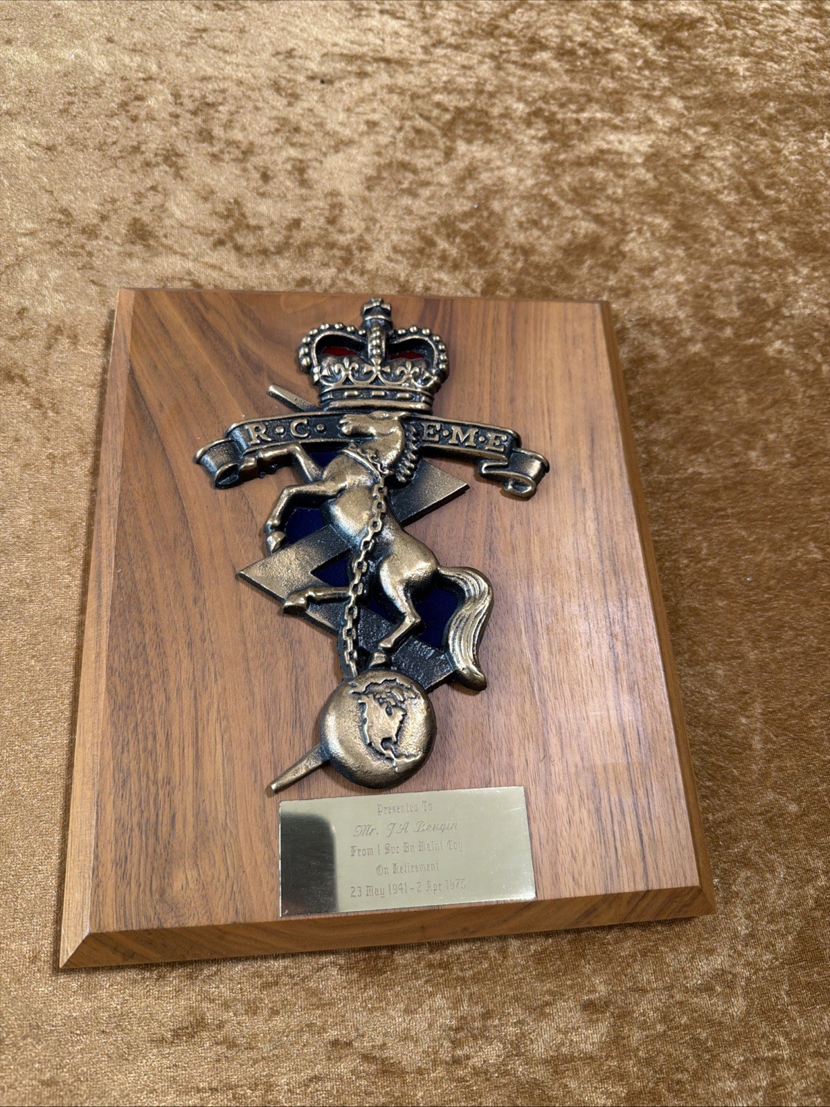 Vintage R.C.E.M.E. Military Retirement Award Plaque