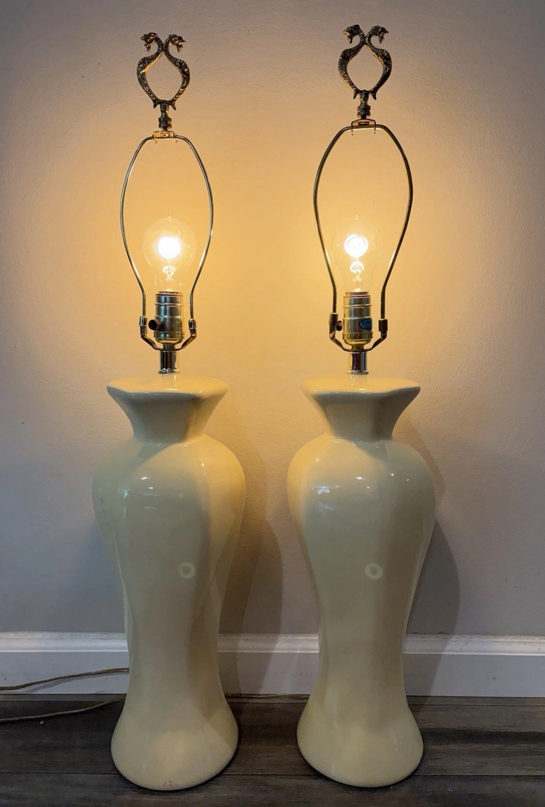 Pair, MCM Hollywood Regency Ceramic  Cream Urn Table Lamps Double Dragon Finials