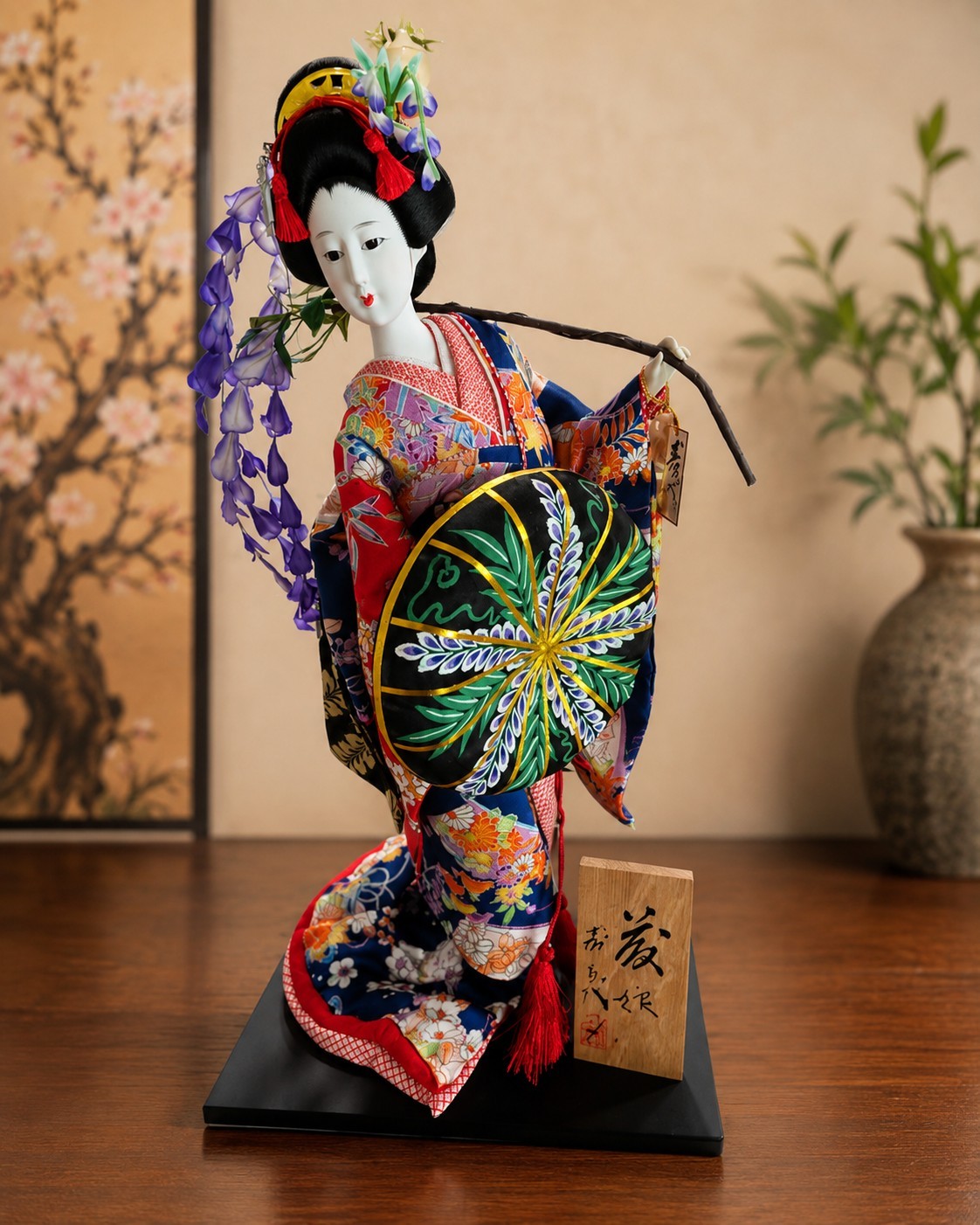 Beautiful Vintage Japanese Oyama Ningyo “Fuji Musume” (Wisteria Maiden) Display