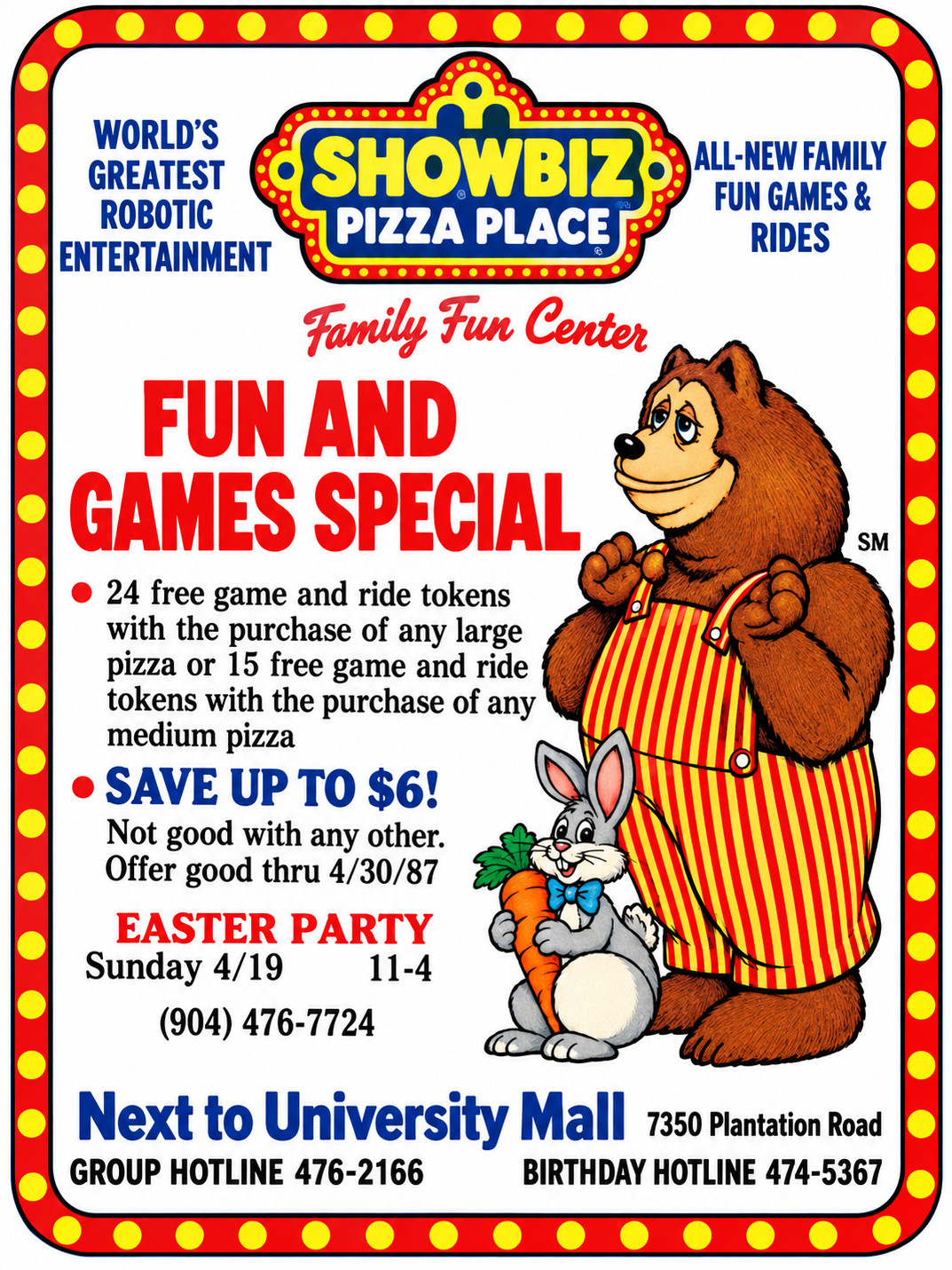 Vintage Showbiz Pizza Amusement Park Ad Magnet – Pensacola, Florida.