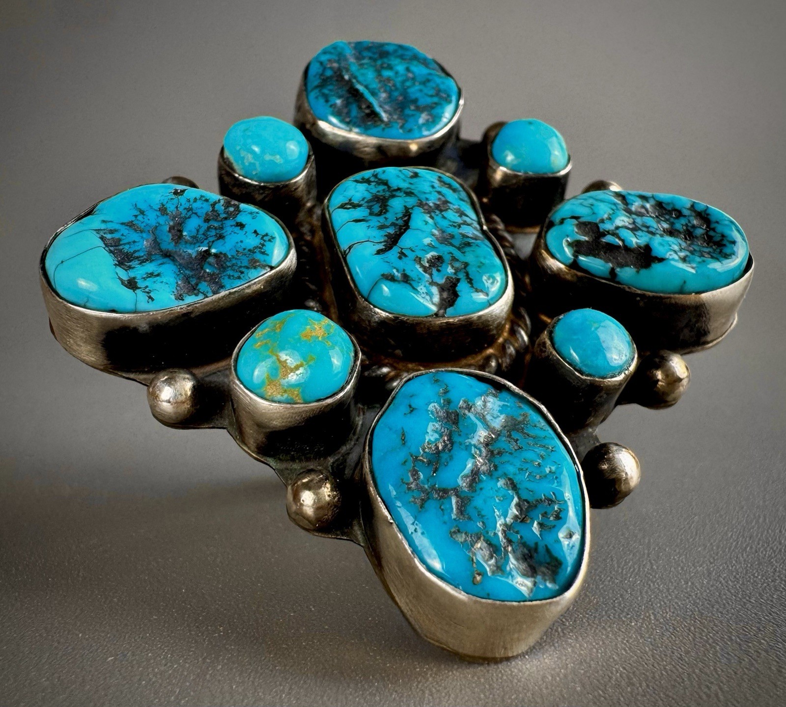 HUGE Vintage Navajo Sterling Silver Kingman Turquoise Cluster Ring ~ WOW🤯🤩