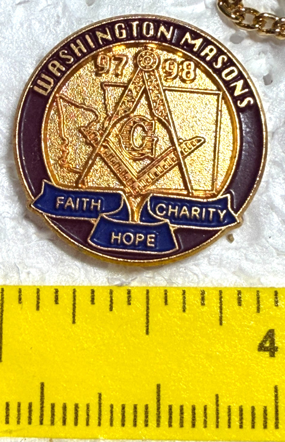 WASHINGTON MASONS FAITH CHARITY HOPE 1997–1998 Enamel Lapel Tack Pin 