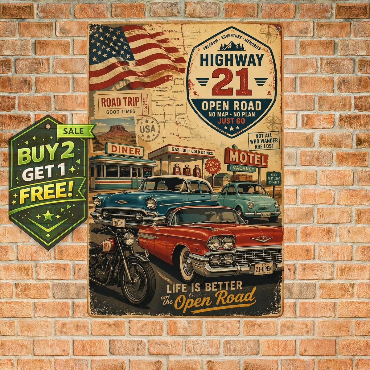 American Road Trip Route 66 Metal Sign Garage Wall Art