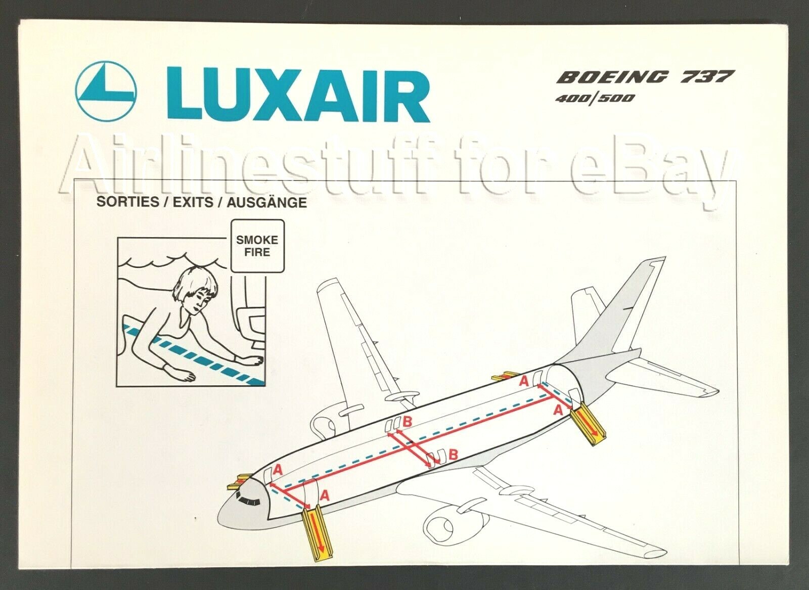 1993+ LUXAIR Boeing 737-400/500 SAFETY CARD (Version 2) airlines LUXEMBOURG