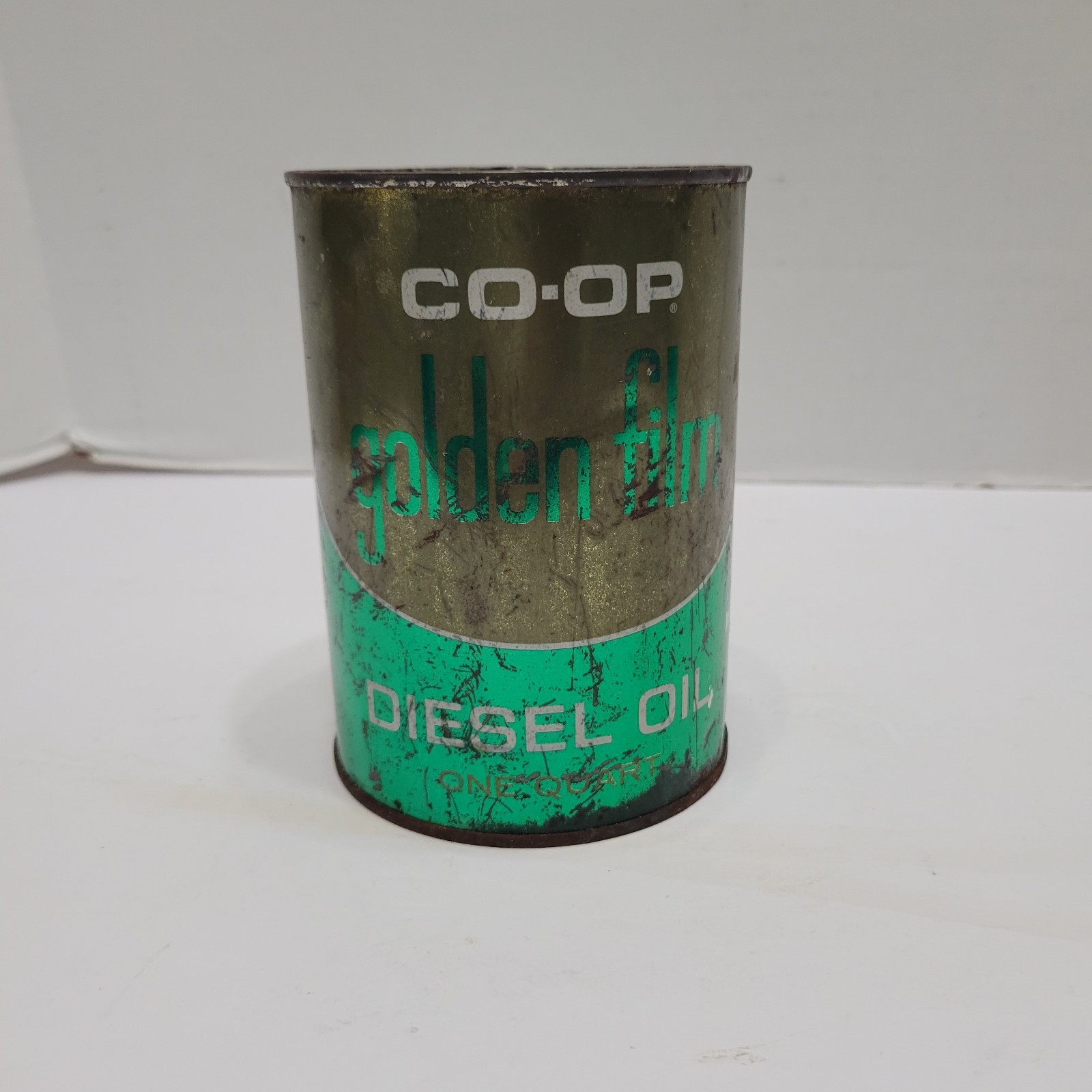 Vintage HTF CO-OP Golden Film Diesel Oil Metal One Quart Can Tin Sealed 