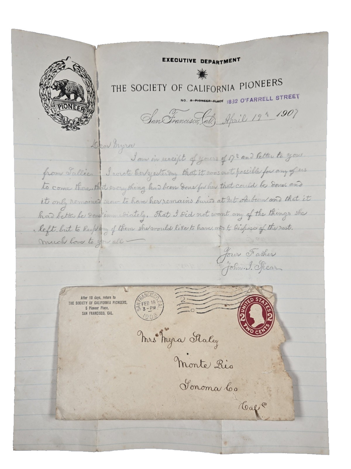 San Francisco Society of California Pioneers 1907 Letter John J. Spear Historic
