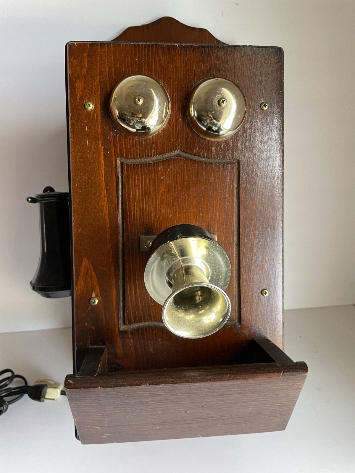 Vtg Wooden Wall Mount Telephone Decor Bells & Receiver Juliette Radio Tested MCM