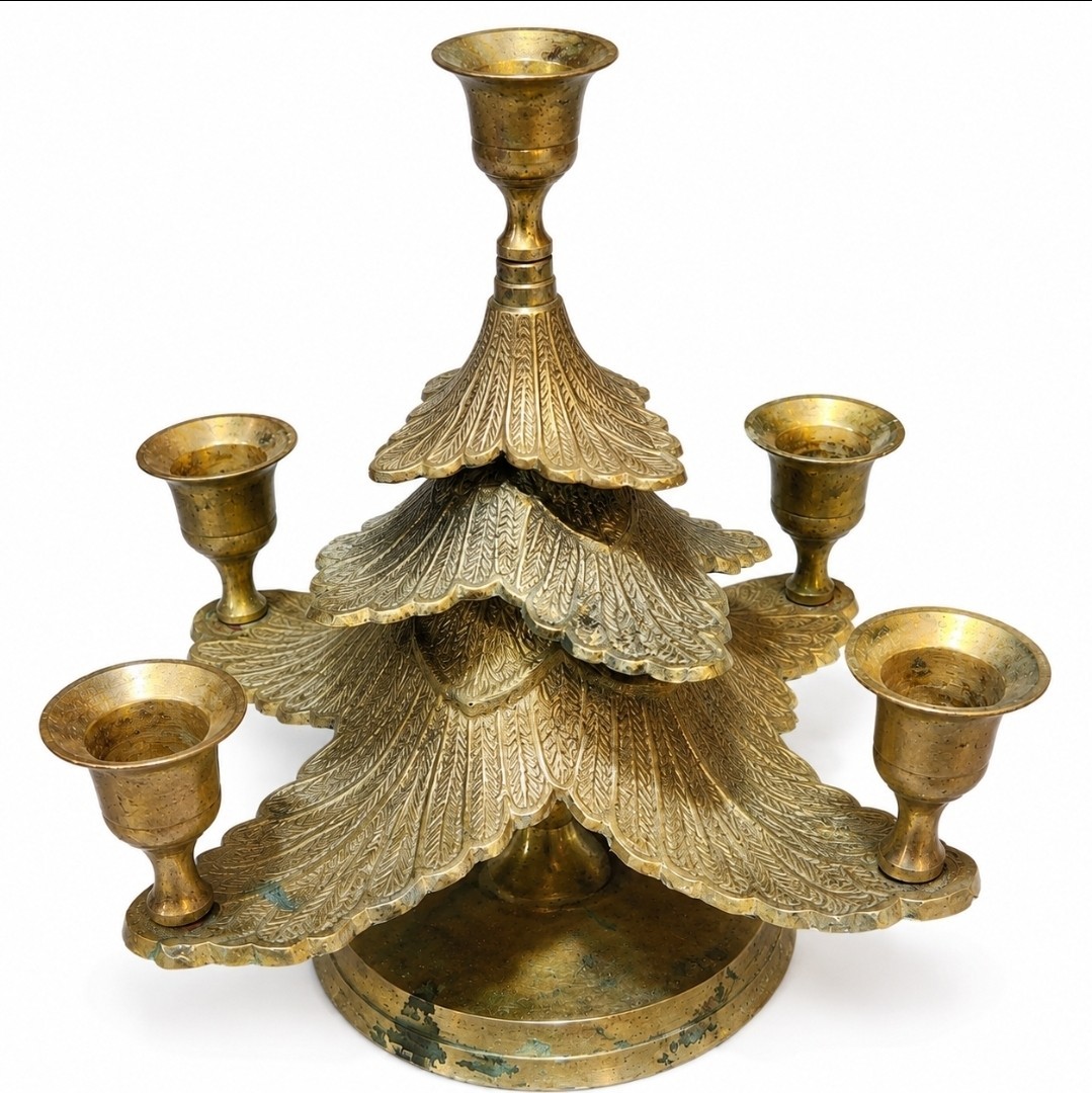 Vintage Brass Christmas Tree Candelabra 6 Candle Holder Holiday Decor 7\