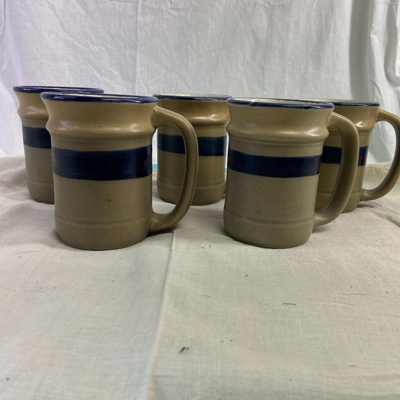 5 Vintage Sunnycraft Stoneware Collection Mugs 24400 Blue & Tan - Korea - 1970’s