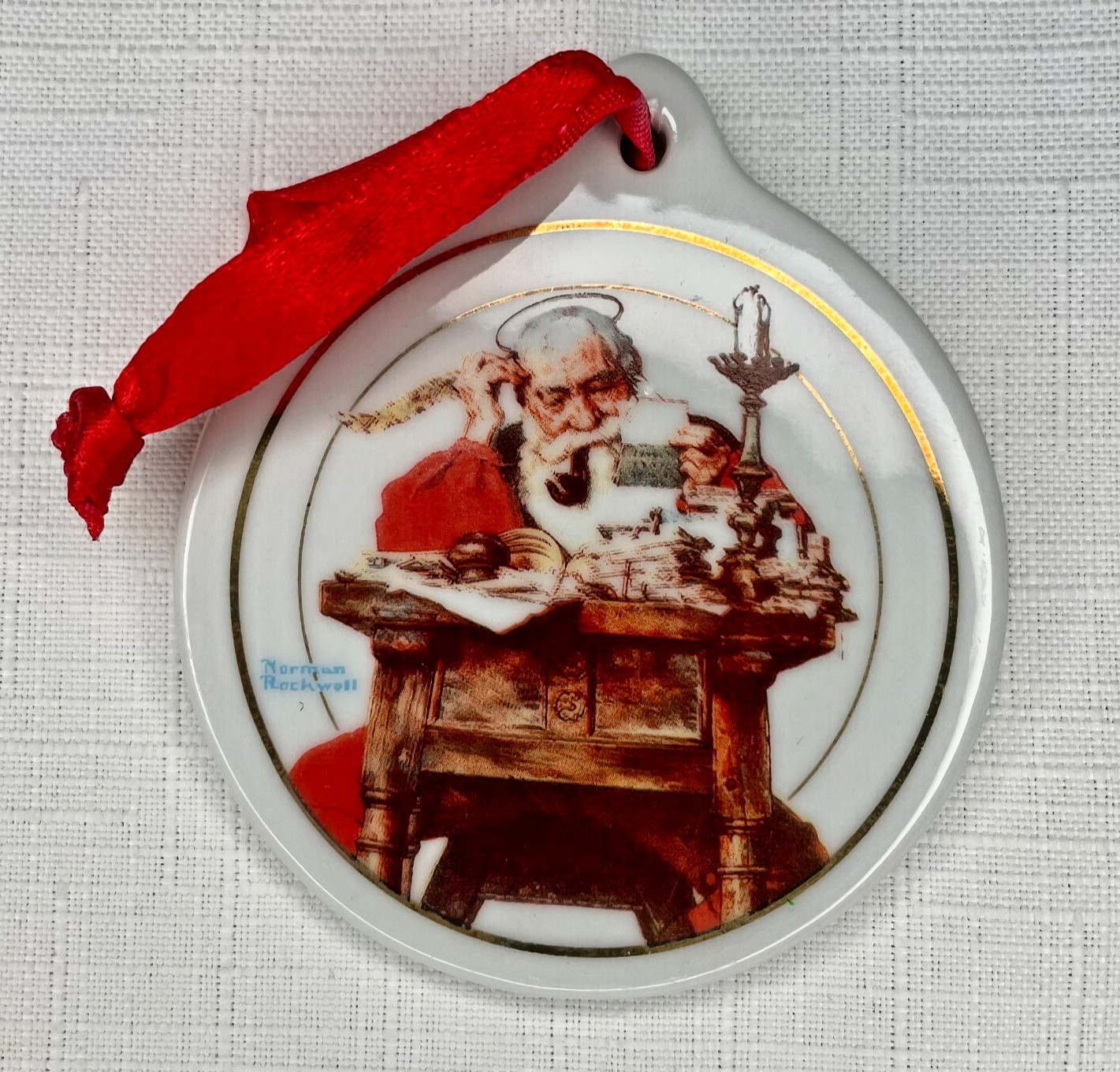 Vintage JC Penney 1996 Norman Rockwell Santa Reading Letters Porcelain Ornament