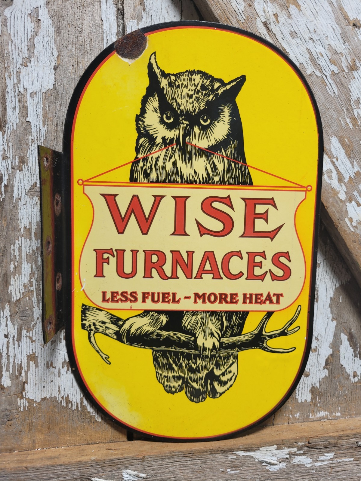 VINTAGE WISE FURNACE PORCELAIN SIGN OLD FLANGE OWL COAL HEATING OIL GAS FUEL 13\