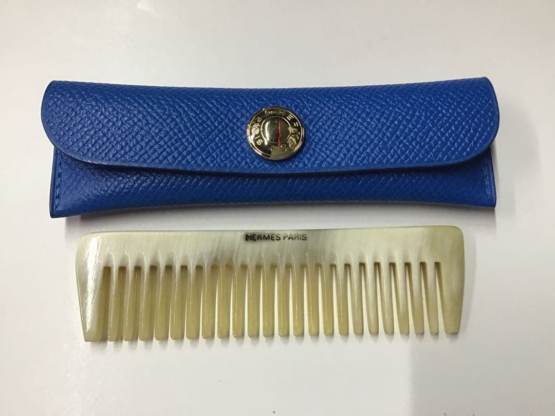 Hermès Buffalo Horn Comb Hairbrush W/ Leather Blue Case Gold Vintage Japan