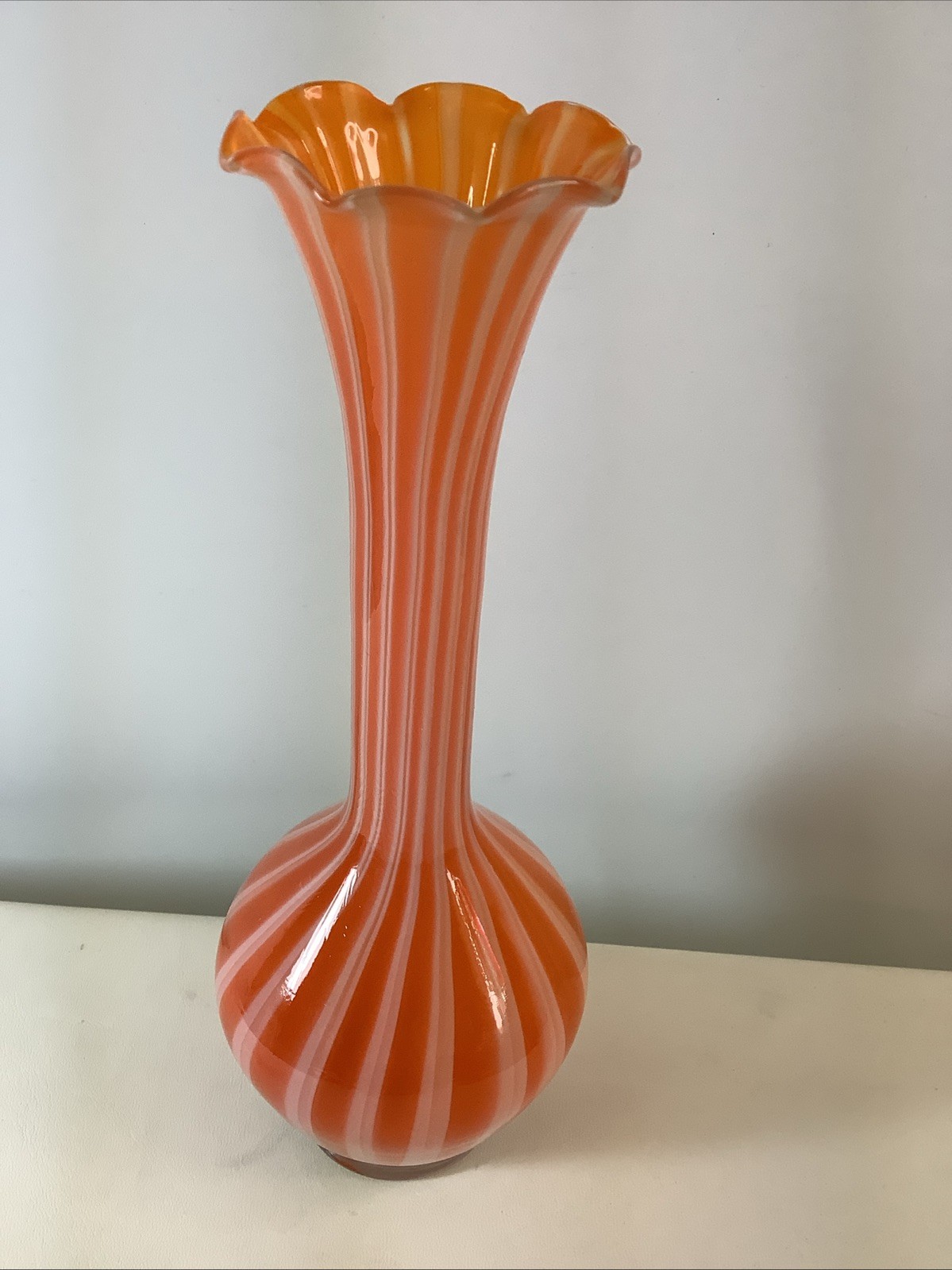 Vtg MCM Creamsicle Orange Stripped Ribbon Glass Vase Ruffled Top Hand Blown