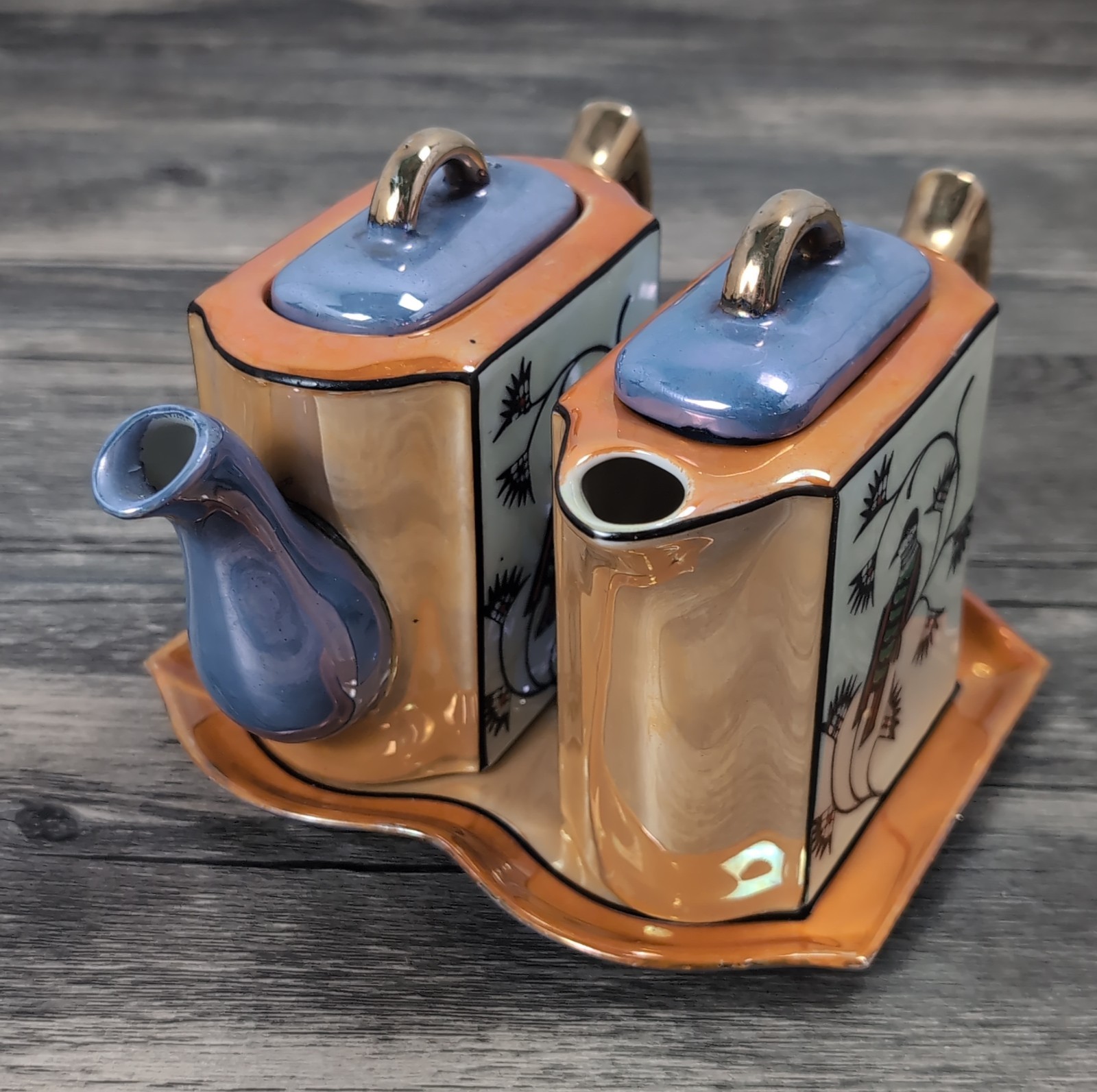 Antique 1920s Hotta Yu Shoten & Co Lusterware Teapots Set Bird Design & Tray