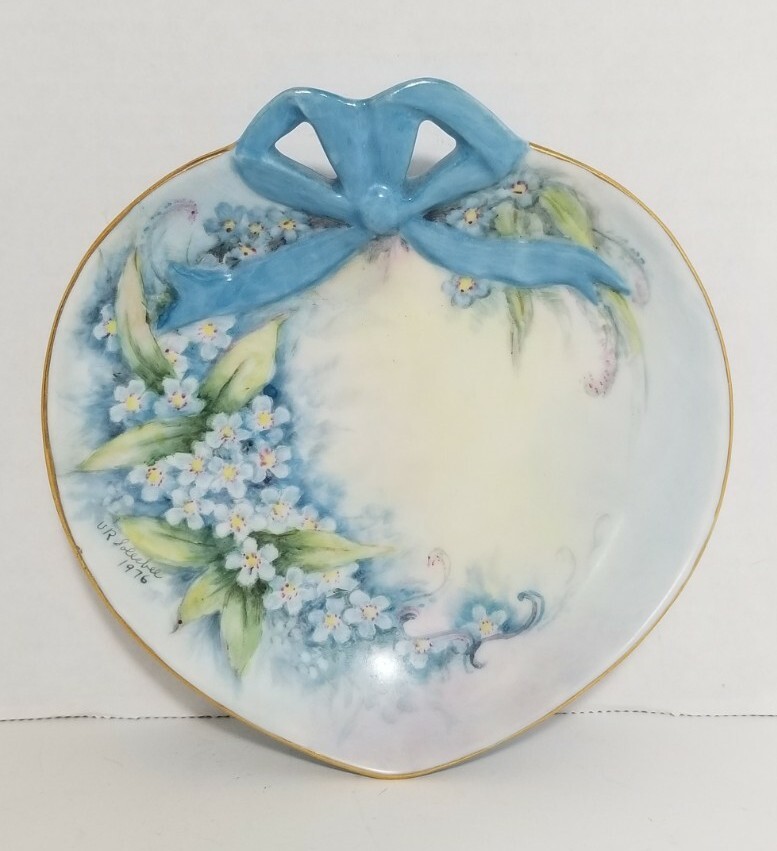 Vintage Heart Shape Blue Flowers Porcleain Trinket Dish Artist Signed Hand Paint