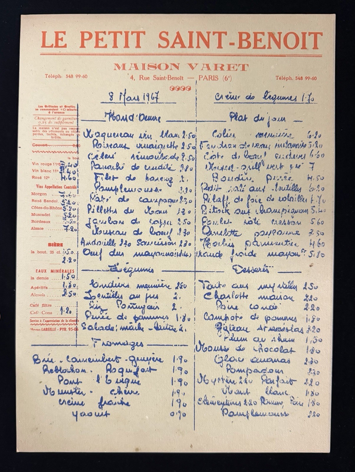 Vintage 1960s Le Petit Saint-Benoit Paris French Restaurant Menu Recipe