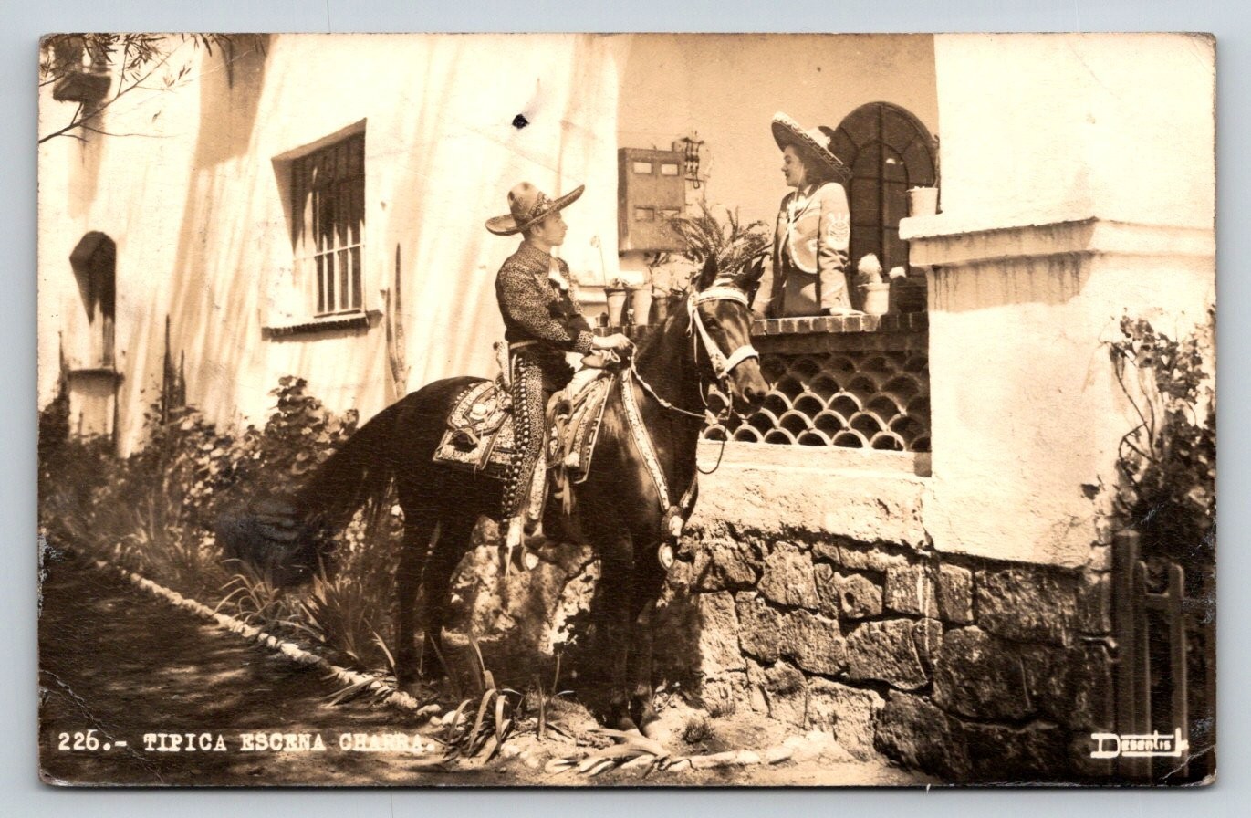 Vintage RPPC Mexico Charro Horseman Woman Balcony Monterrey 1948 Postcard