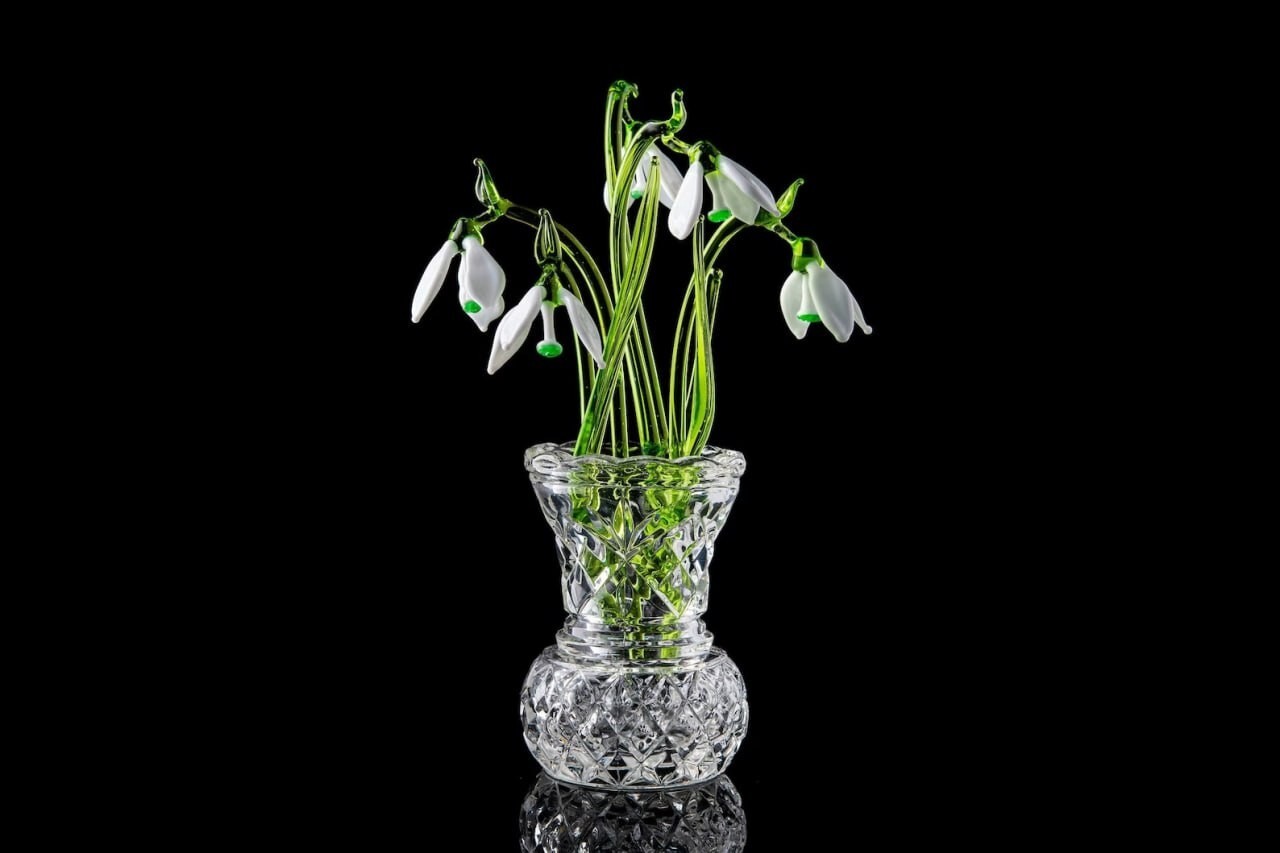 Mother's Day Flower Snowdrop set of three glass snowdrops and crystal vase