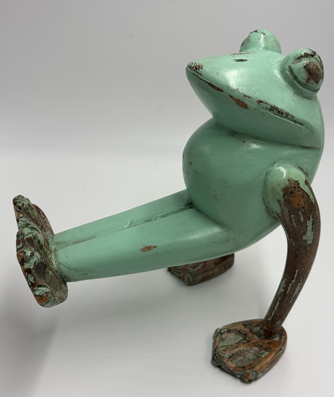 VTG Wooden Whimsical Frog Folk Art Distressed Mint Green Yoga From England OOAK