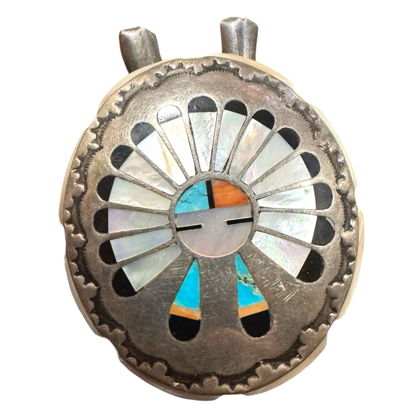 Vintage Zuni Sunface Sterling Silver Mother Pearl Inlay Bolo Slide Signed Bowie