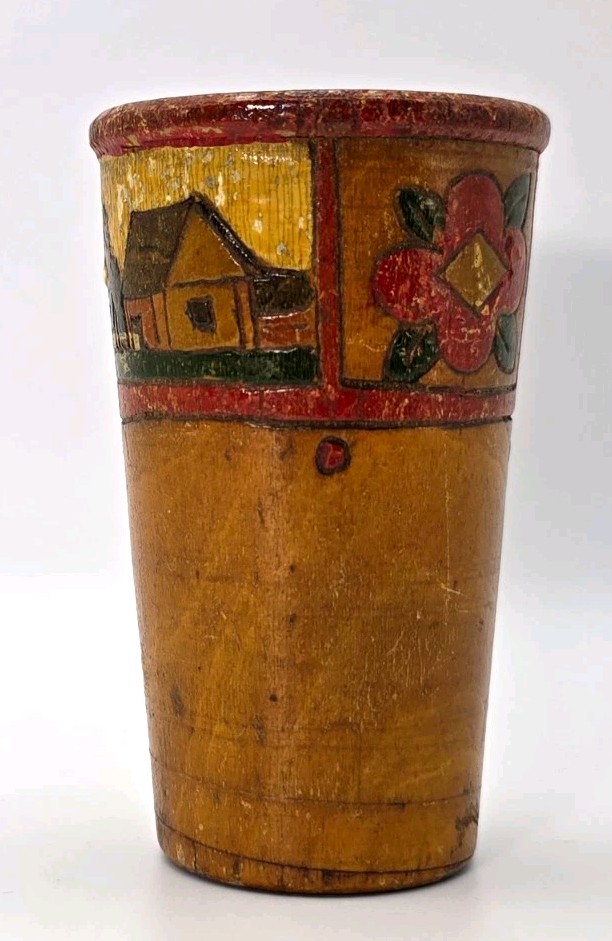 Antique Hand Carved & Painted Folk Art Wooden Cup, Floral House Design