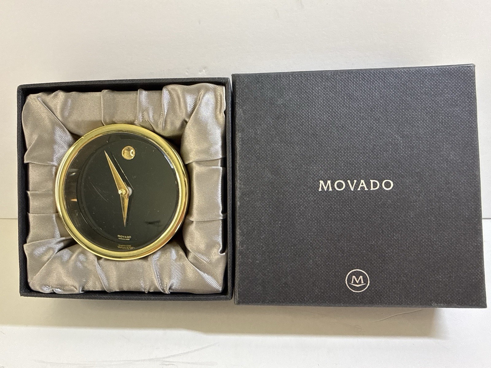 German Movado Brass Quartz Angled Brushed Brass Heavy Desk Clock TGO 115M Tested
