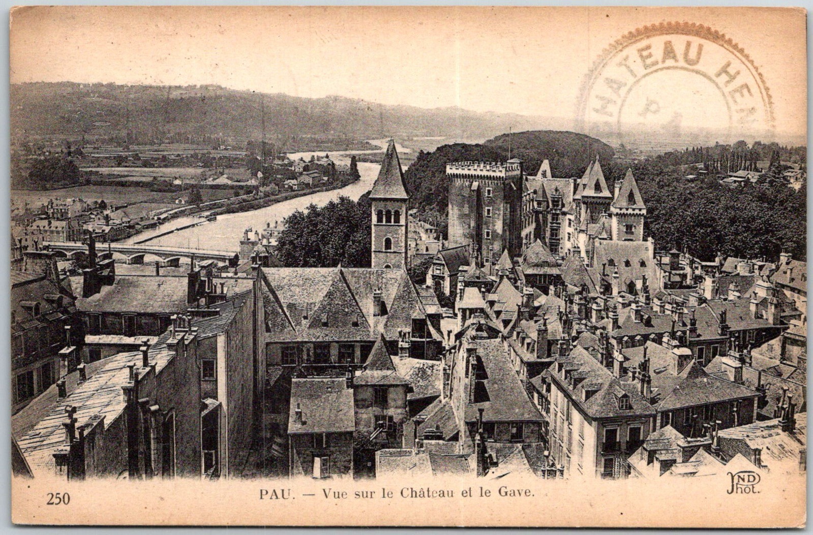 Chateau and River Pau France C.1920s Sepia Posted Stamp Cancel Vintage Postcard