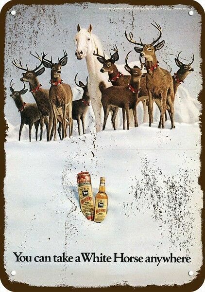 1972 WHITE HORSE WHISKY Santa Reindeer Vintge-Look DECORATIVE REPLICA METAL SIGN