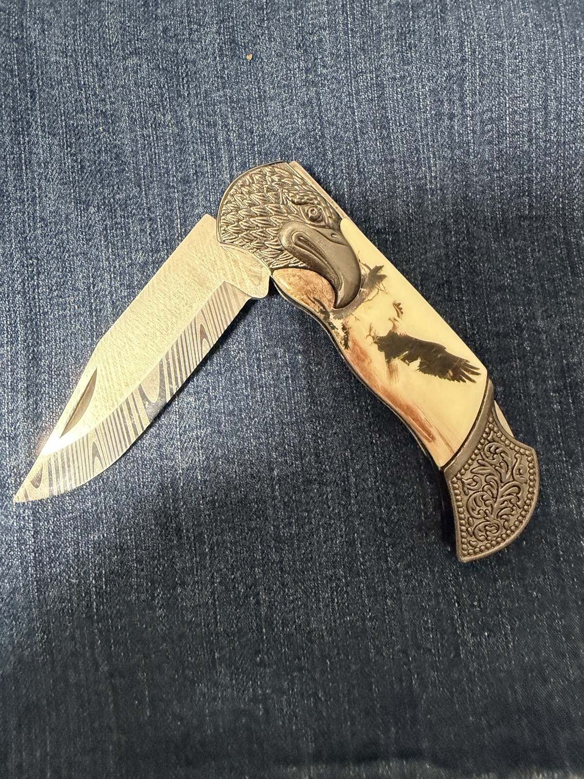 Vintage Eagle Design Bone Metal Handle Folding Pocketknife Clip Point