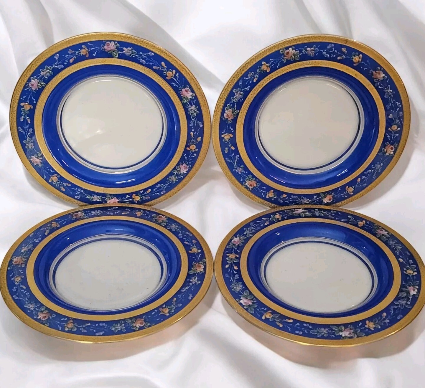 4 Antique Moser Bohemian Glass Dessert Plates Blue Gold Rim Pink Roses 4 Antique Moser Bohemian Glass Dessert Plates Blue Gold Rim Pink Roses