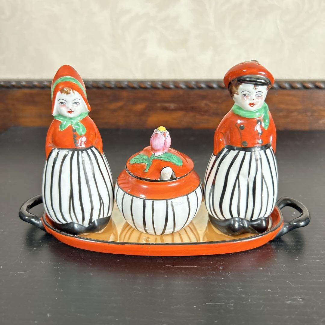 Old Noritake Dutch Doll Salt Pepper Shaker Set 4pcs Vintage 9.5x17x7.5cm Japan