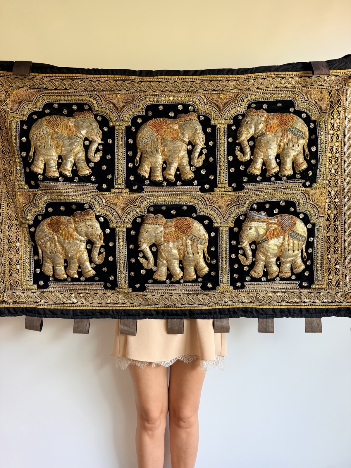 Rare Vintage Burmese Kalaga Ethnic Elephant Wall Hanging Hand Embroidered 51x34