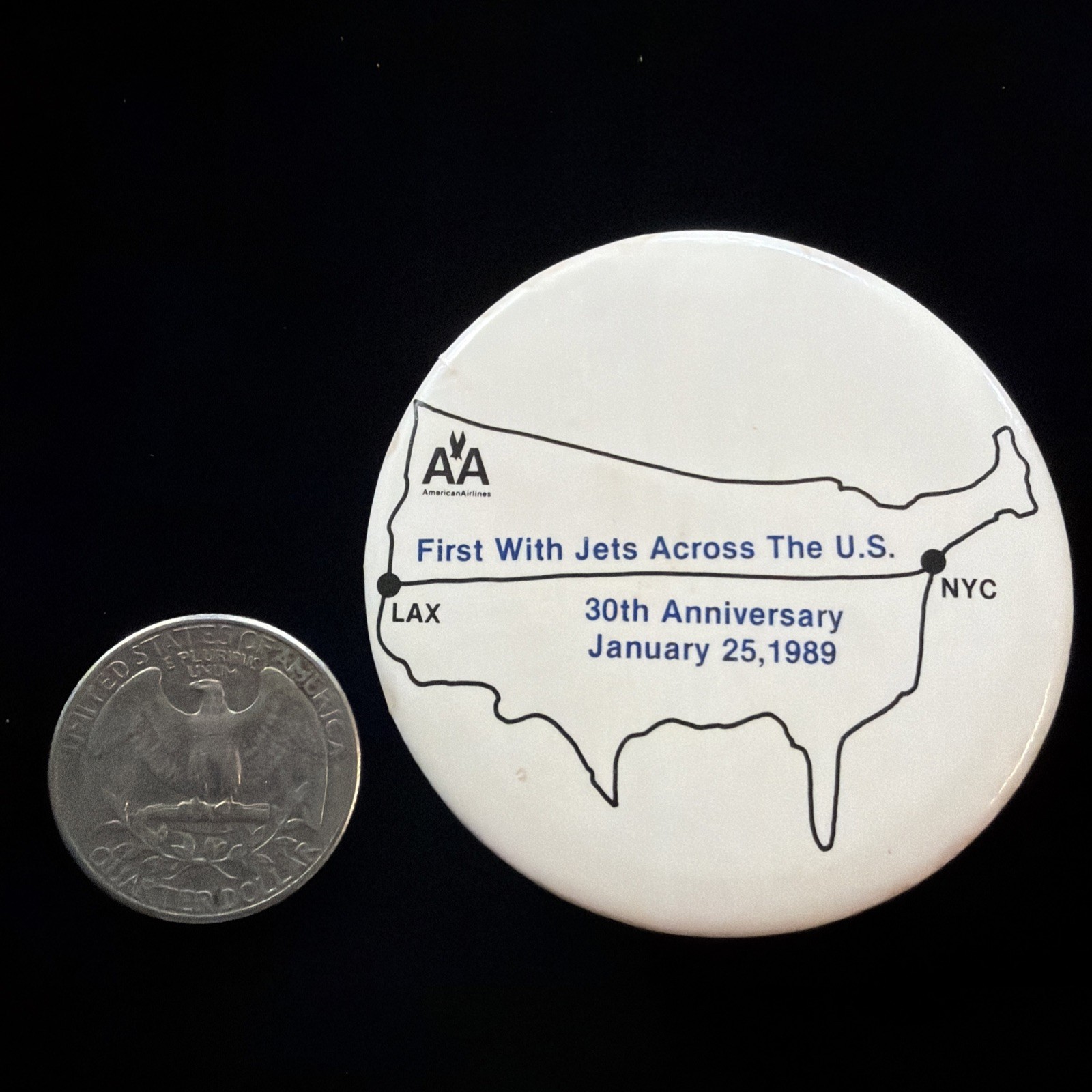 AA LAX to NYC Jets Across the US 30th Anniversary \'89 Vintage Pinback Pin AA LAX to NYC Jets Across the US 30th Anniversary \'89 Vintage Pinback Pin
