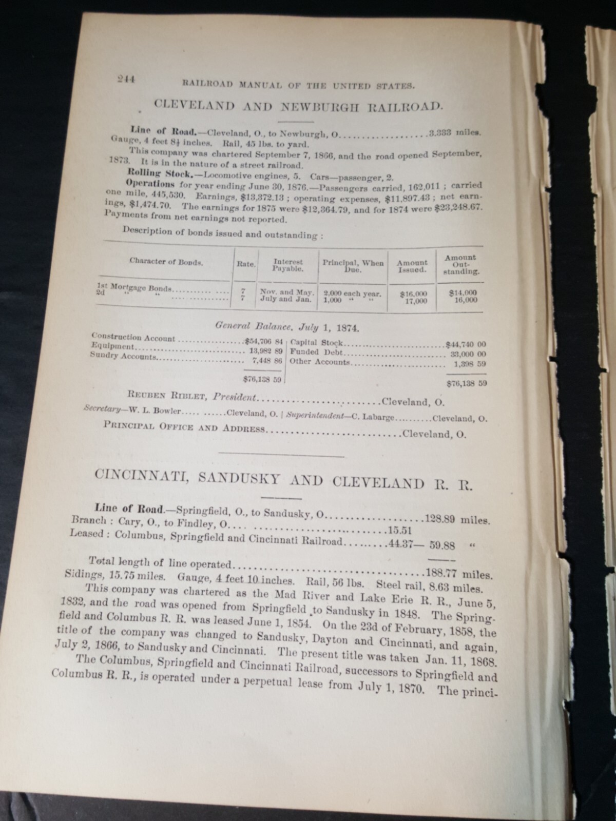 1878 train report CINCINNATI  SANDUSKY & CLEVELAND RAILROAD Cary Findley Ohio