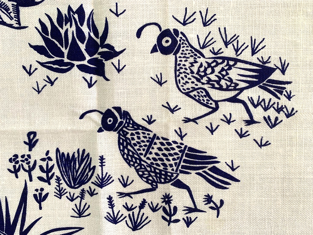 Vintage Tea Towel MCM Harwood Steiger Quail Desert Flowers Grasses Cacti NWT