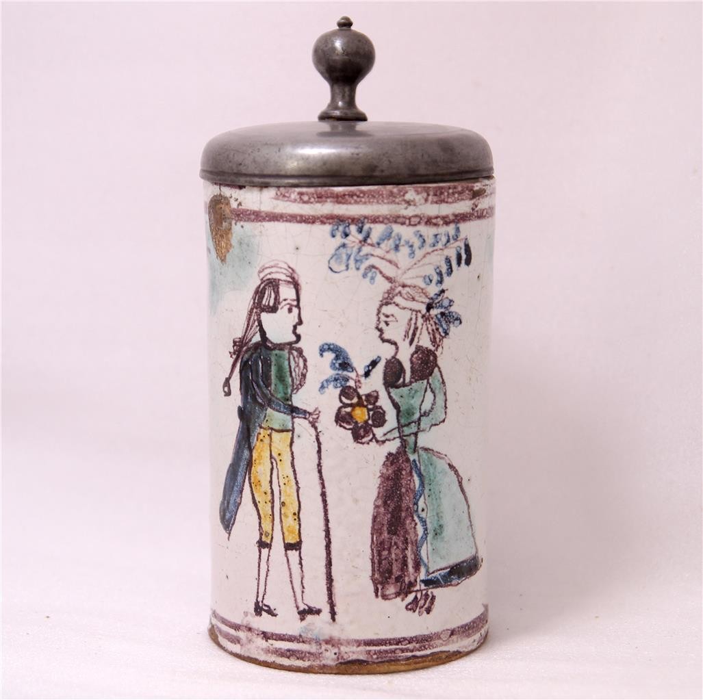 Antique Early Austrian Faience Beer Stein - Courting Couple circa mid-1700s
