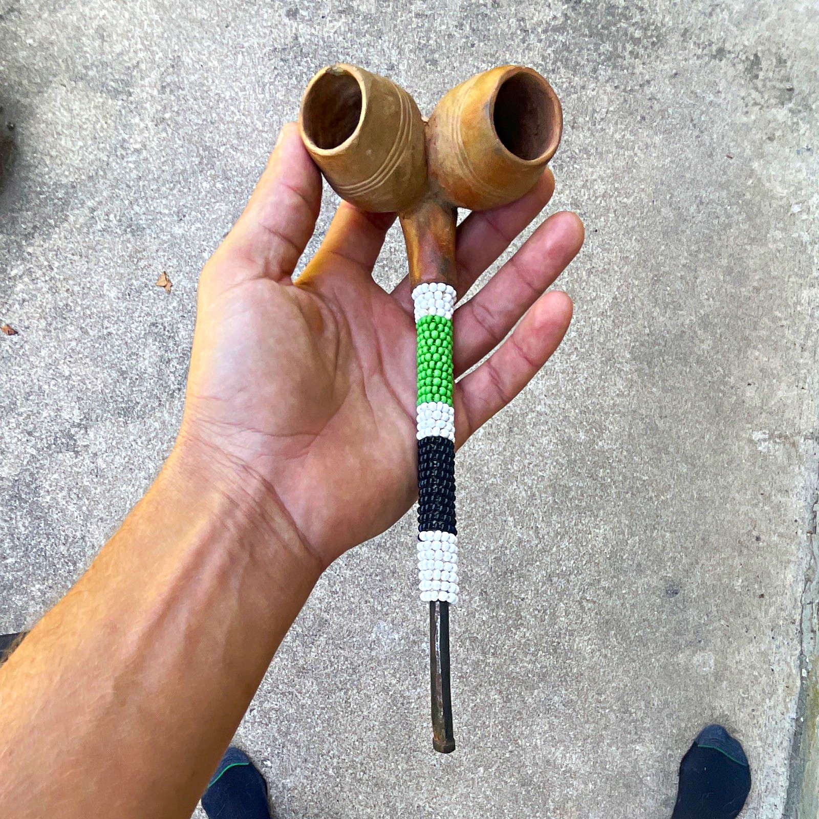 Native American Double Bowl Peace Pipe, Curved Stem, Beaded Wrap Native American Double Bowl Peace Pipe, Curved Stem, Beaded Wrap