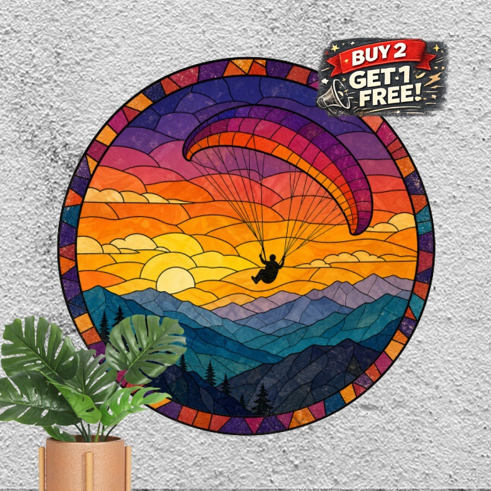Bohemian Sunset Mountain Window Round Tin Sign Flying Kite Scenic Wall Decor 8x8