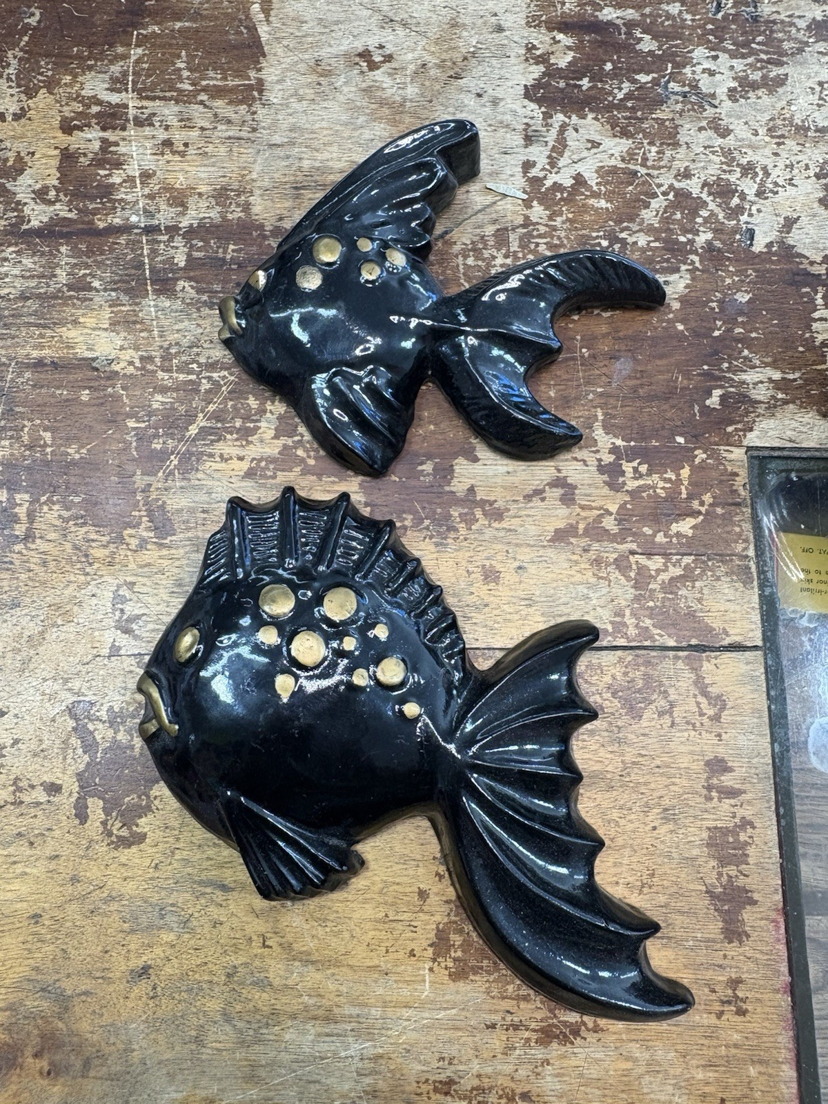 2 Vintage 60s Chalkware Fish bathroom wall plaques Mcm Miller Style