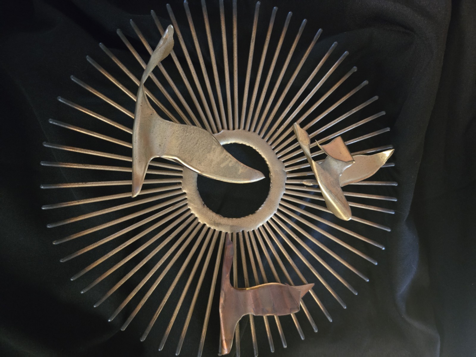 Vintage Mid Century Modern Brass Metal Birds Sunburst Wall Art Sculptural Plaque