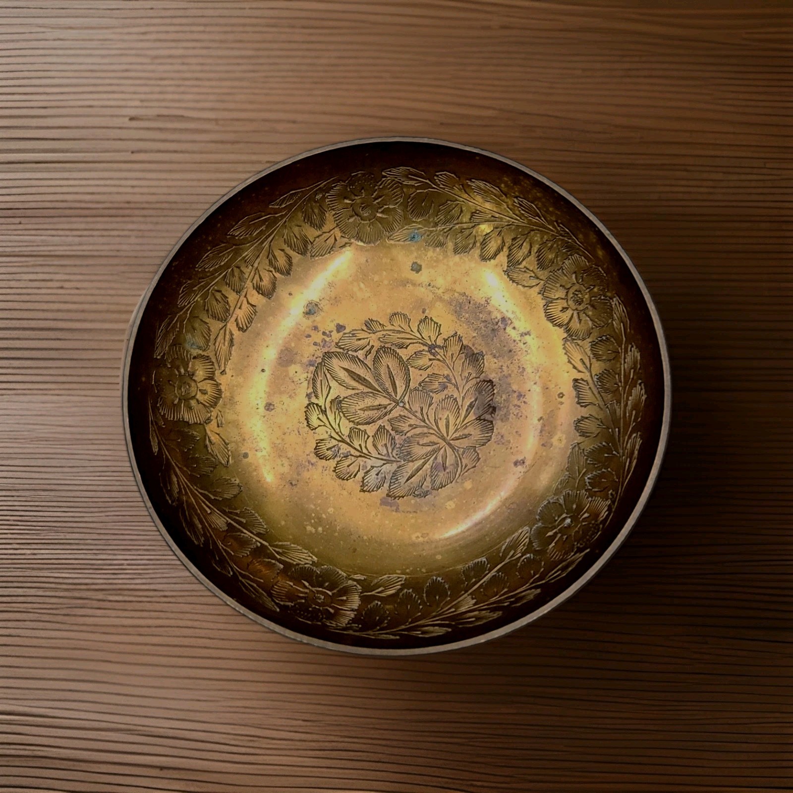 Heavy Vintage Chinese Solid Brass Bowl, Hand Engraved Design.