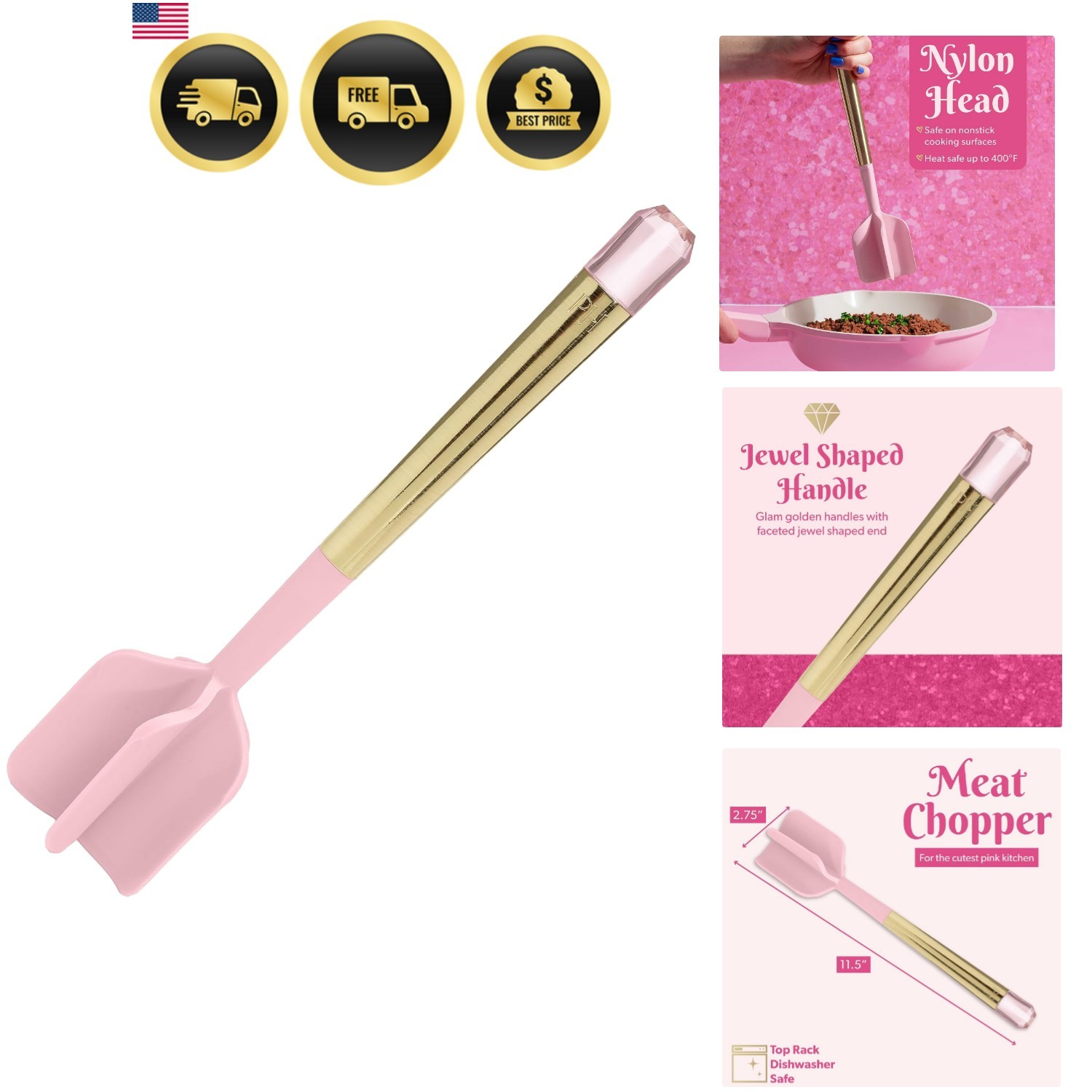 Meat Chopper with Pink Jewel Shaped Handle, Heat-Resistant up to 400°F, Dishw... Meat Chopper with Pink Jewel Shaped Handle, Heat-Resistant up to 400°F, Dishw...