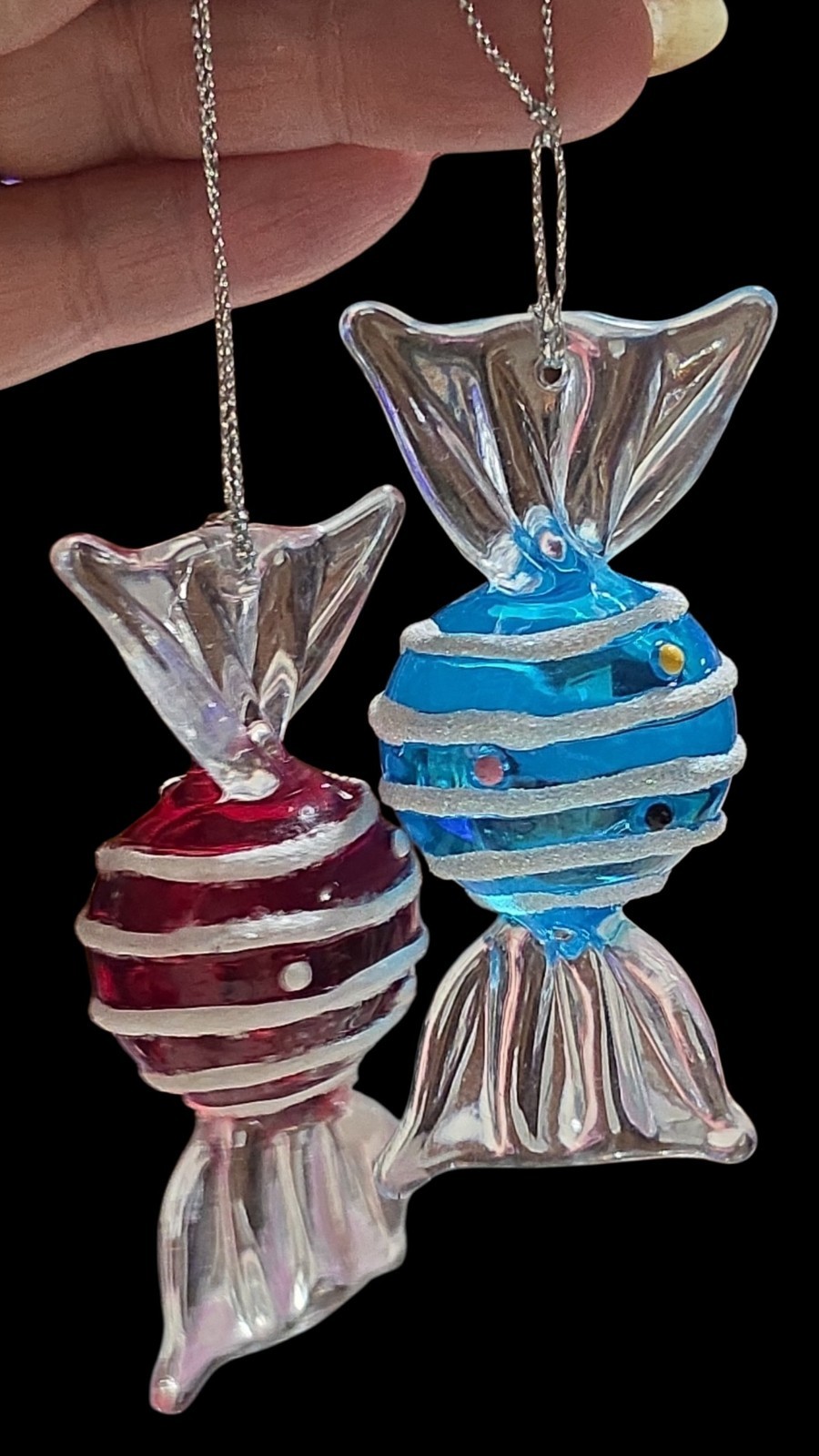 Vtg Blown Glass Candy Christmas Ornaments Lot Of 2 Red Blue Sugared Stripes 3¼