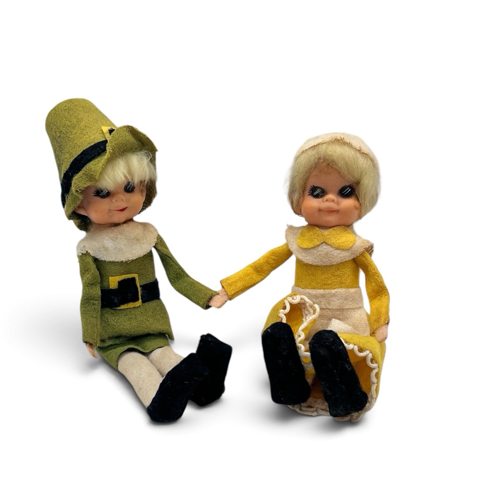 Vtg Thanksgiving Boy & Girl Pixie Elf Pilgrim Felt Figures Japan Dolls MCM 3955