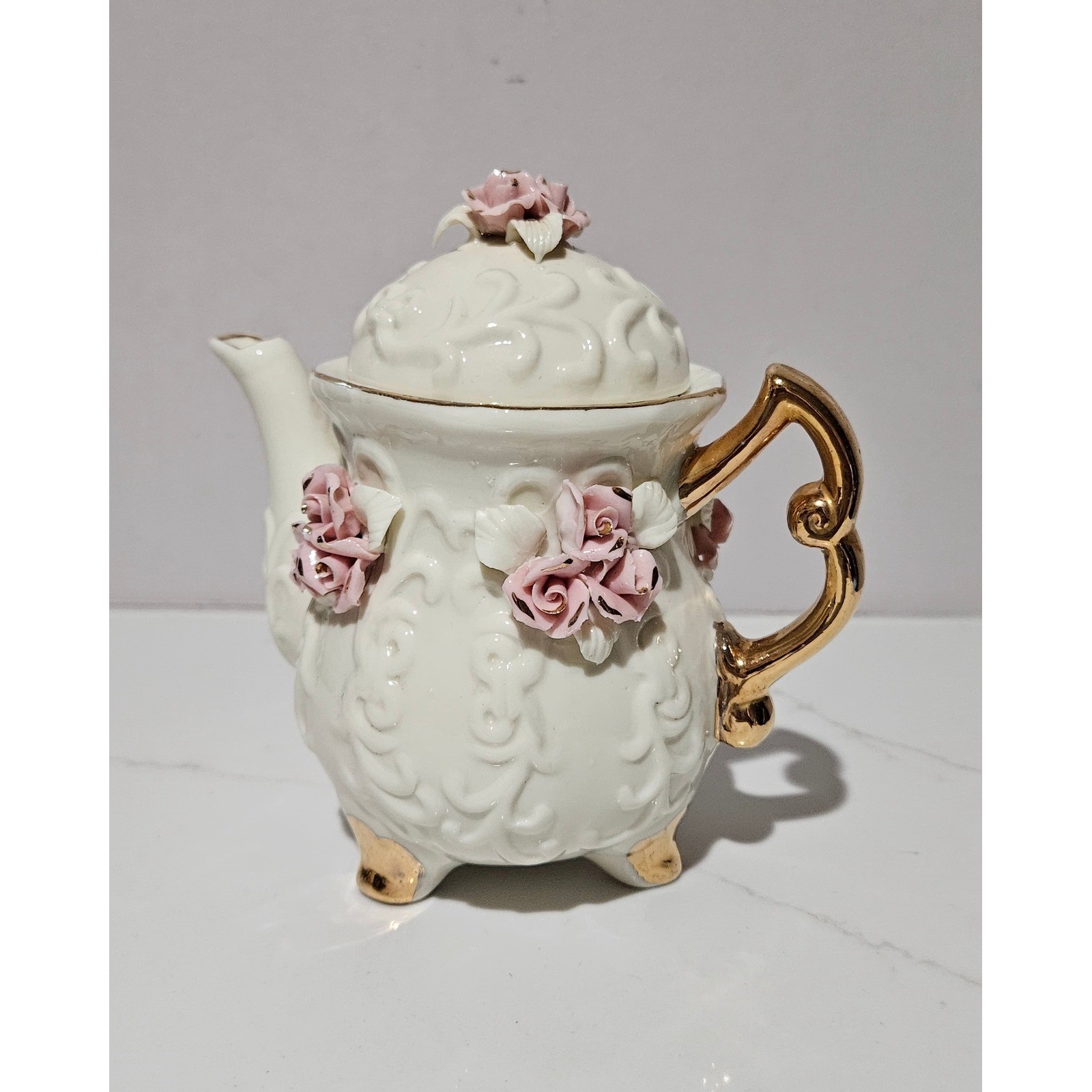 Vintage Miniature Porcelain Teapot Pink 3D Roses Gold Trim Embossed Scroll Decor