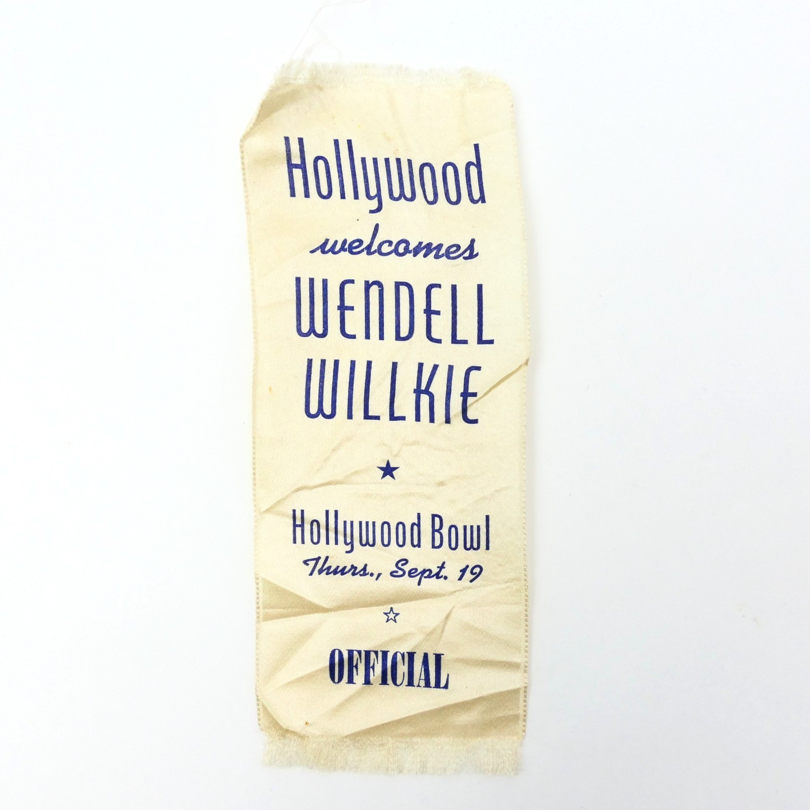 Rare 1940 Wendell Willkie Hollywood Bowl Official Campaign Ribbon