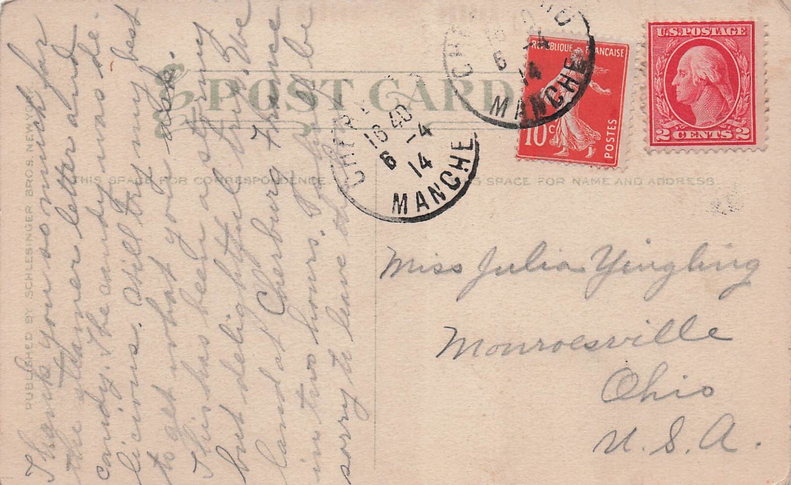 Manche France to Ohio USA Dual Franking c1914 Cover Vtg Postcard H45