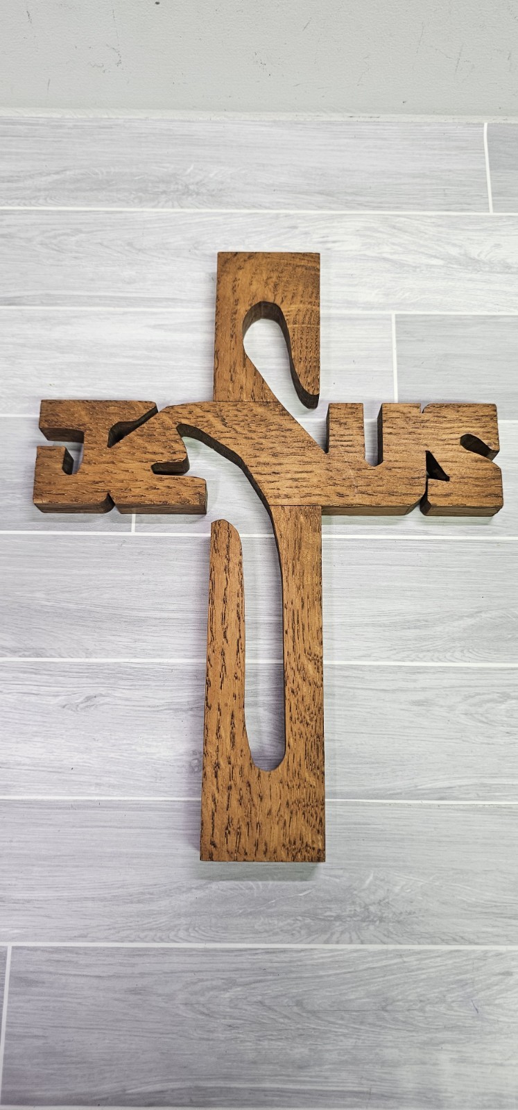 VINTAGE JESUS STAINED WOODEN CROSS WITH THE NAME JESUS CUT IN, HANDMADE VINTAGE JESUS STAINED WOODEN CROSS WITH THE NAME JESUS CUT IN, HANDMADE